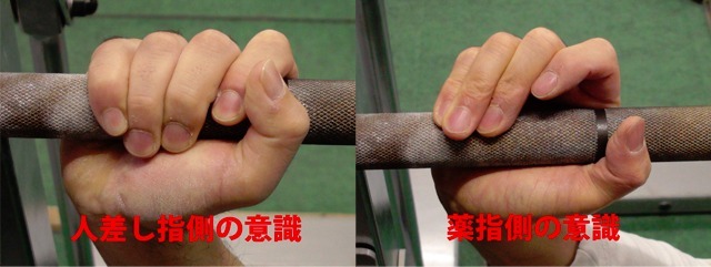 (右)人差し指側を意識し握ったA1タイプ / (左)薬指側を意識し手の平に乗せたB2タイプ