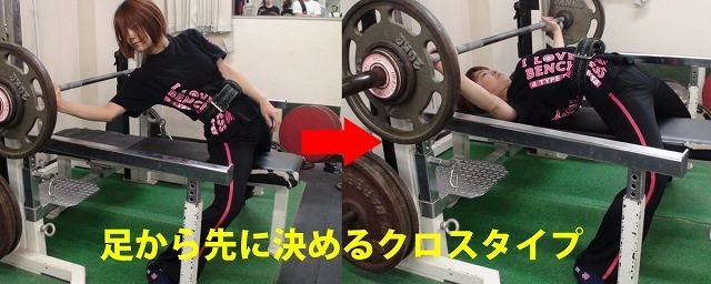 足を最初に床に決めてから首の付け根と肩、後頭部をベンチ台に決めるクロスタイプ