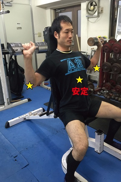 A2タイプ みぞおち後ろを安定させ、股関節や肩を柔らかく使い、肘を支点にしてダンベルを肩の位置に持っていく ダンベルは水平