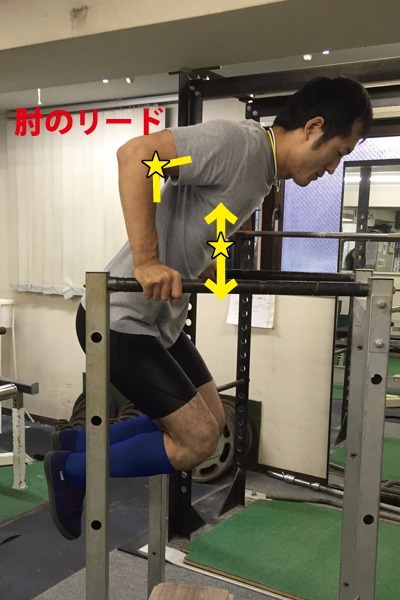 肘のリードで身体を降ろし、胸を張らずにみぞおち前でリードして肘を伸ばしていく