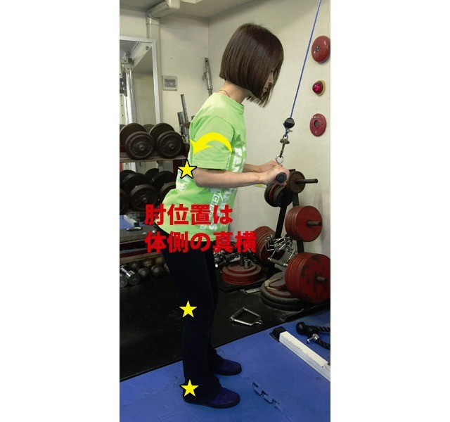 A2タイプ みぞおち後ろと膝後ろ、かかとを揃えるように軸を作り、背筋側をしならせて肘を体側に位置させて構える