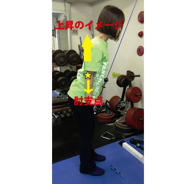 A2タイプ みぞおち後ろと膝後ろが引き離れる上昇のイメージで、肘を支点にしてバーを押し下げる