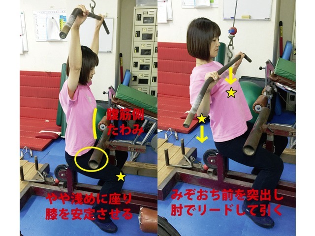 A1タイプ 膝の安定・腹筋側のたわみを意識 引く際はみぞおち前の突き出しと肘のリードを意識する